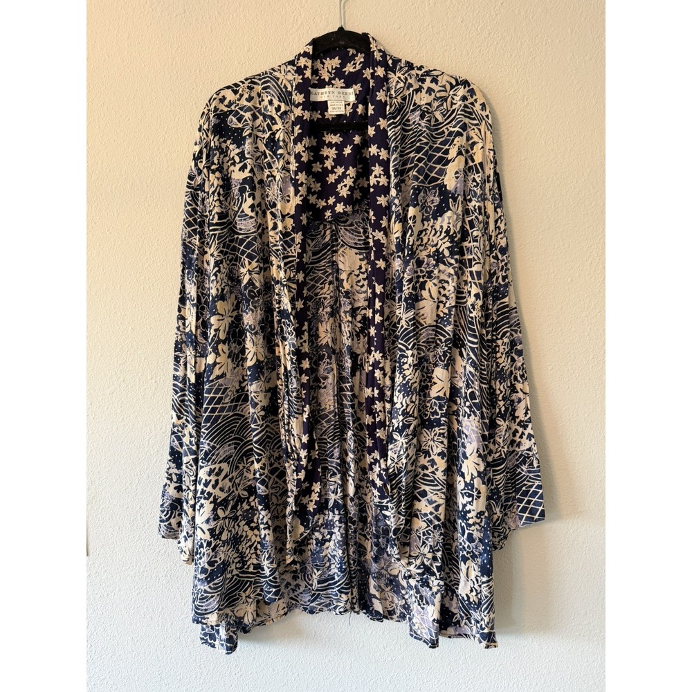 Kathryn Deene Women 26 28 Kimono Blazer Navy Beige Floral 100% Rayon USA Vintage